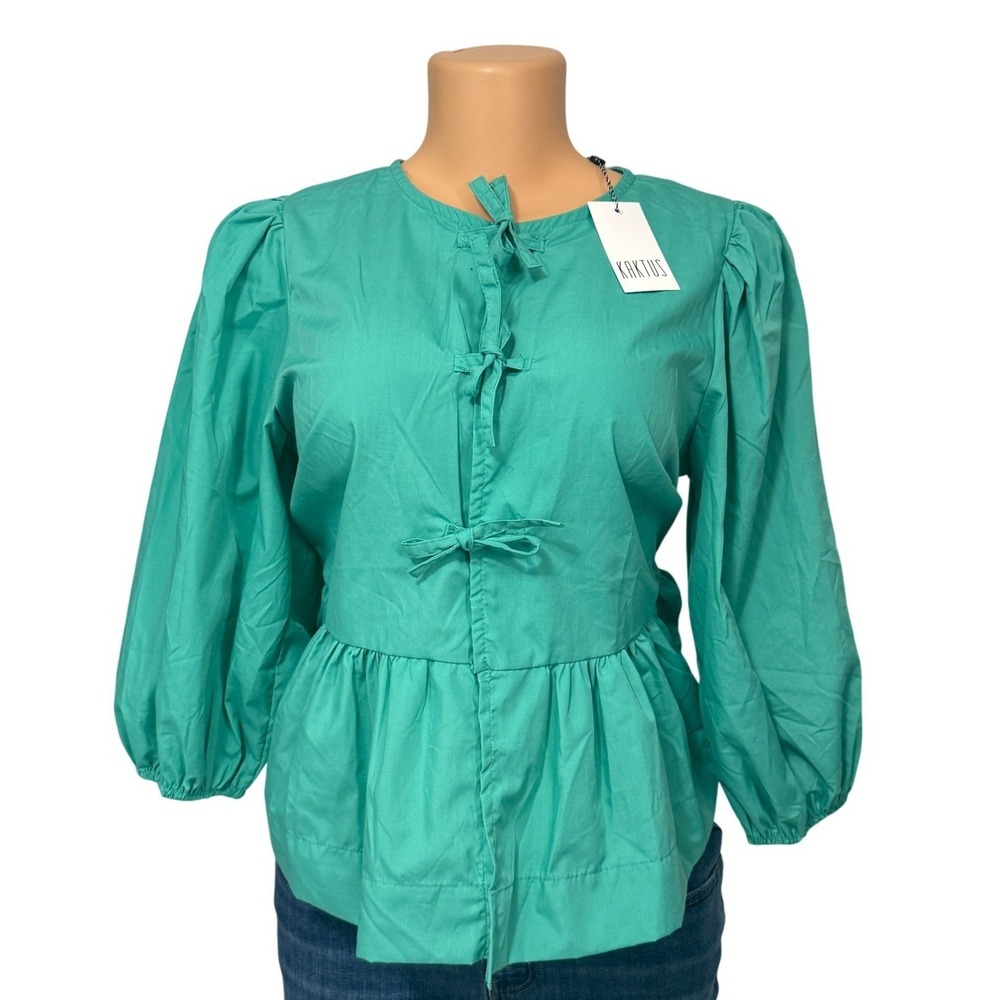 Kaktus Teal Green‎ Peplum Tie Front Puff Sleeve Blouse Top Women's Medium